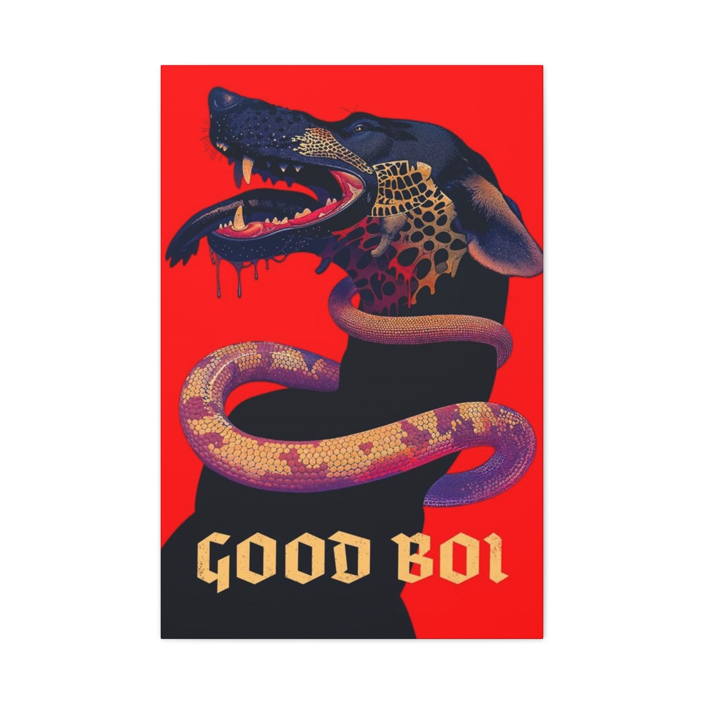 Snake On Dog Neck Wall Art & Canvas Prints