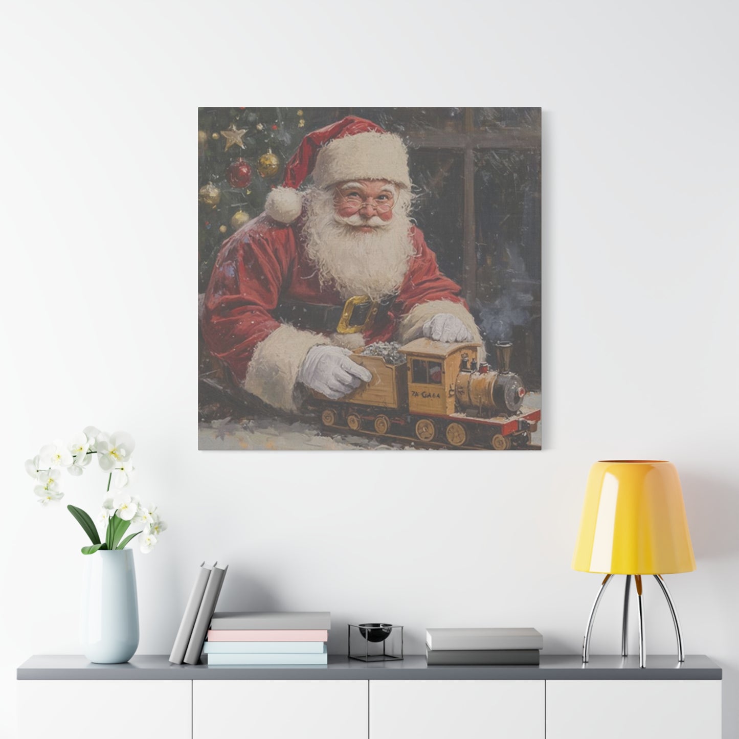 Santa With Toy Train Wall Art & Canvas Prints