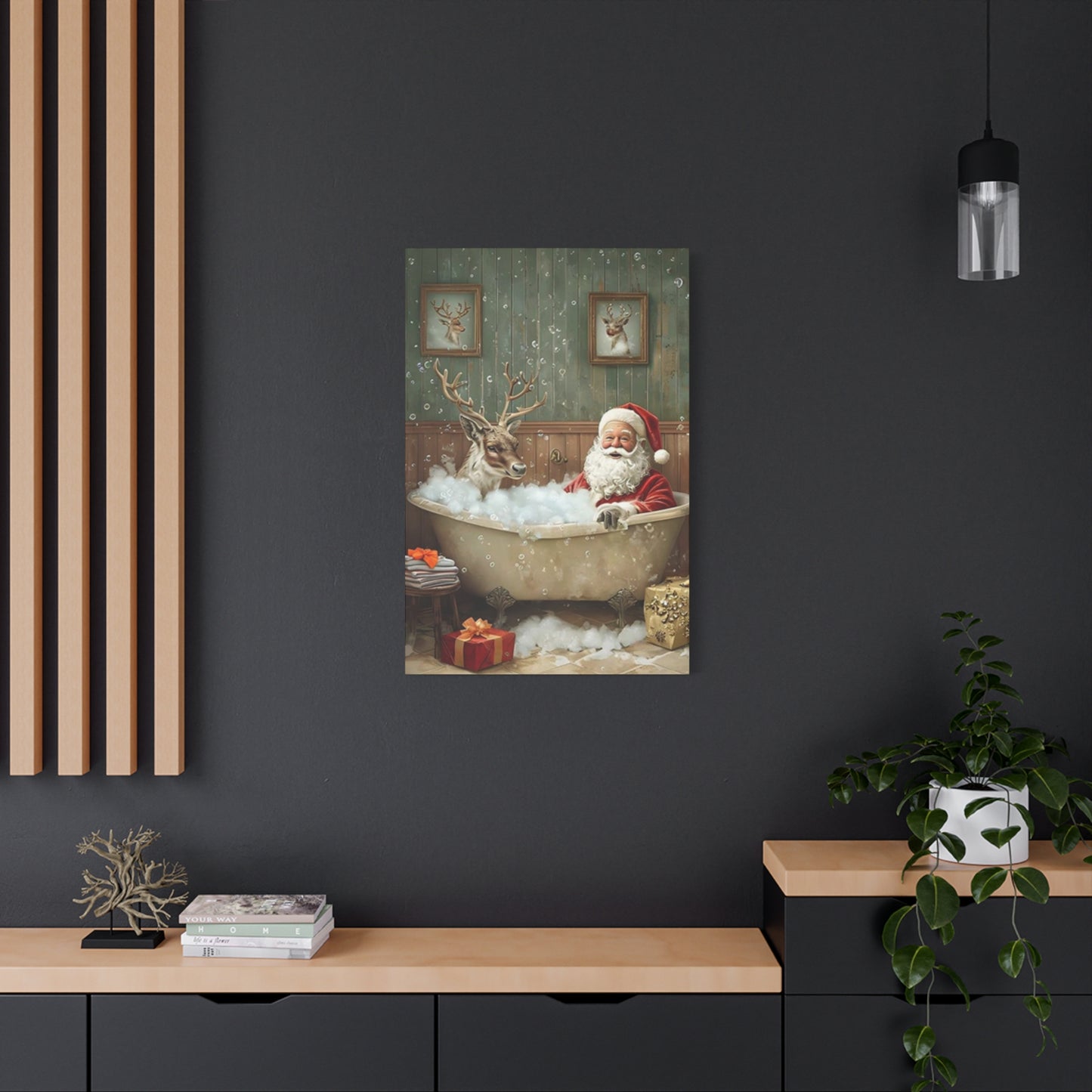 Santa Claus Bathing With Reindeer Painting Wall Art & Canvas Prints