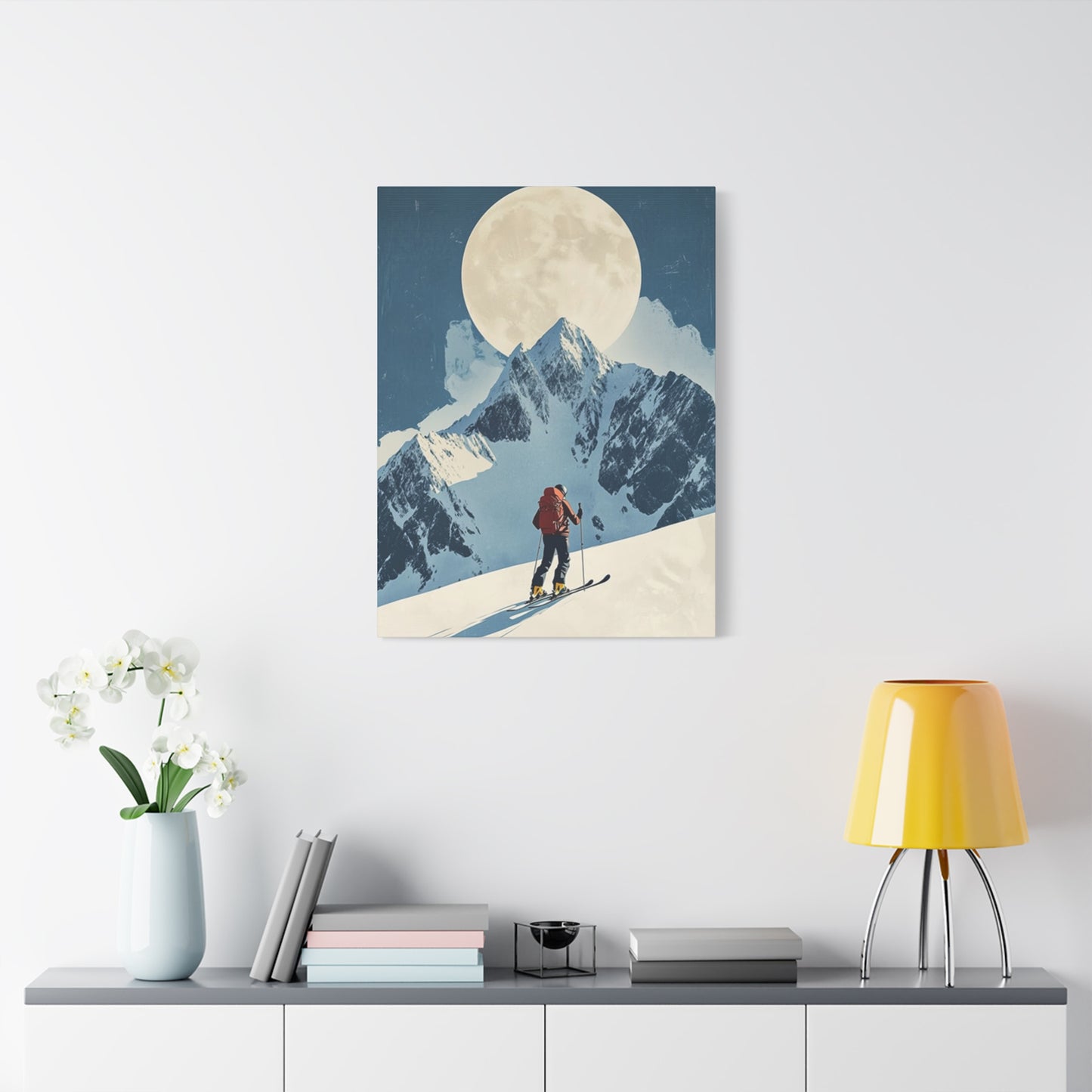 Skiing At Night With Moon Wall Art & Canvas Prints