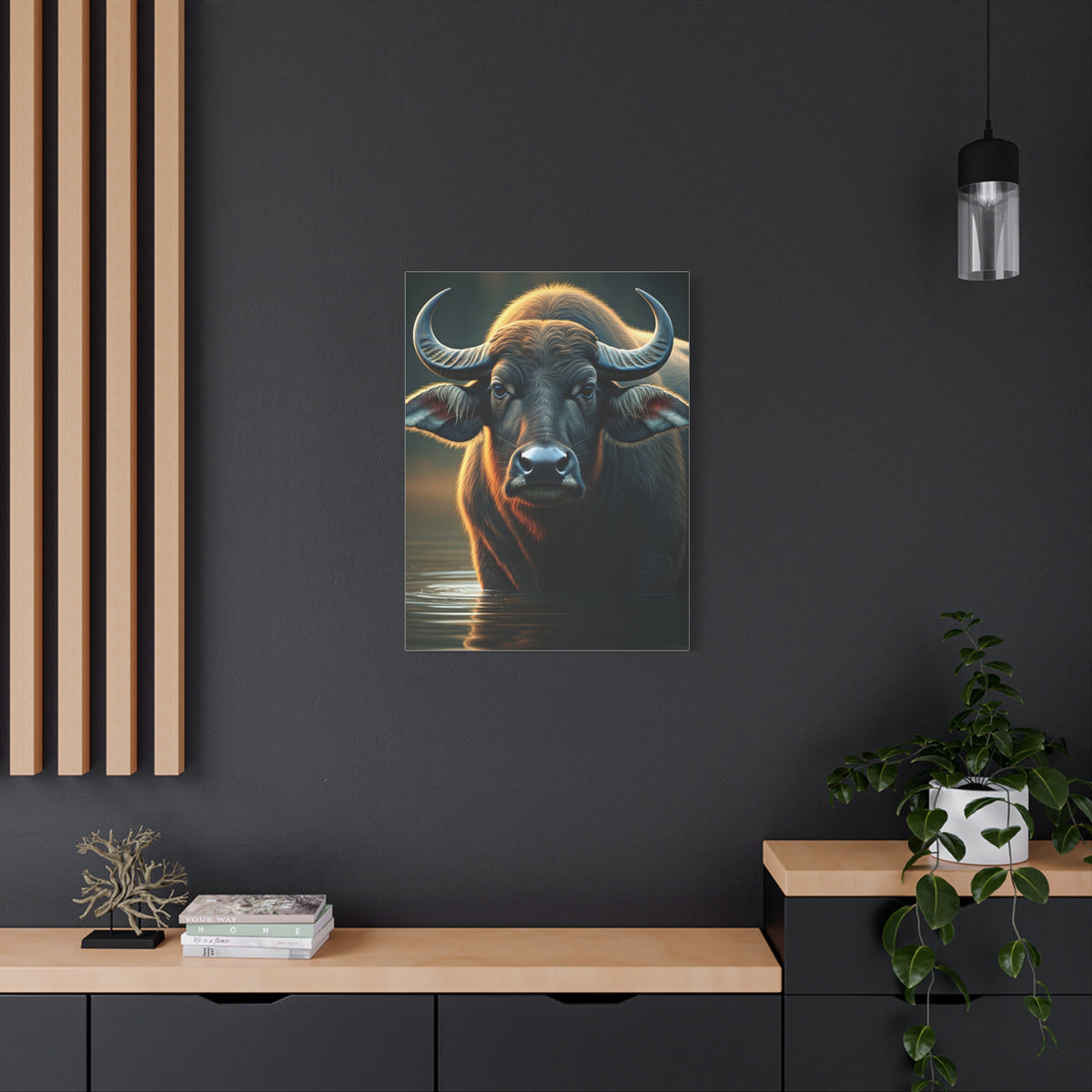 Golden Rim-Lit Buffalo Emerging from Water Wall Art & Canvas Print