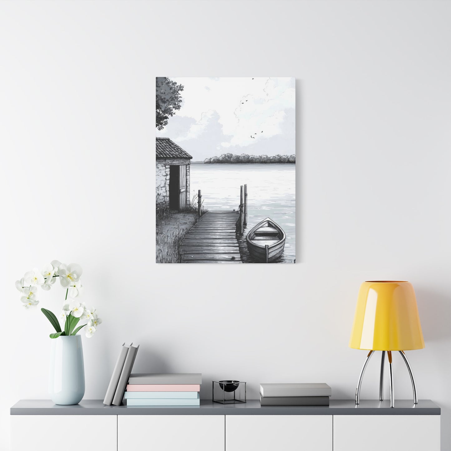 Cottage By Lake Grey Wall Art & Canvas Prints