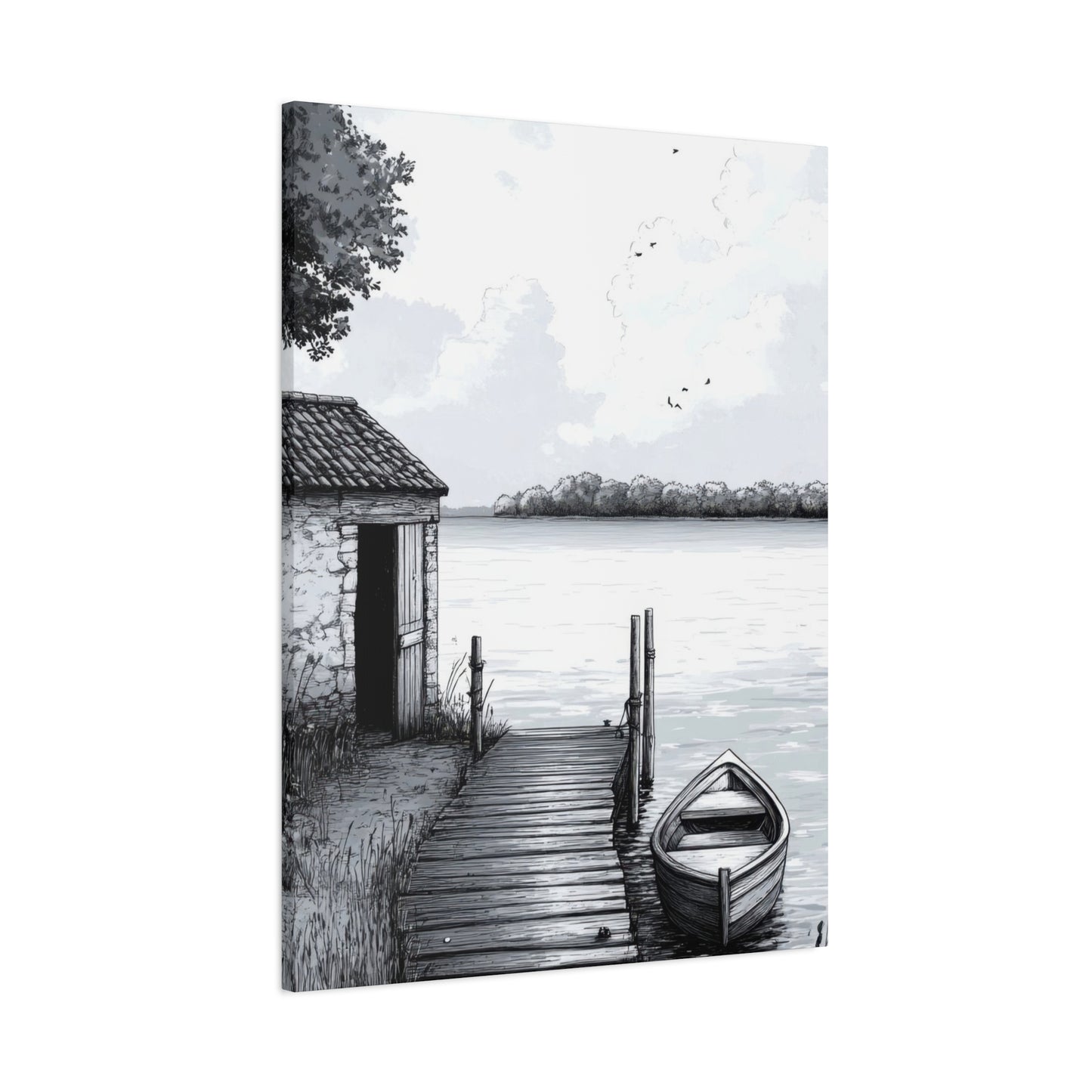 Cottage By Lake Grey Wall Art & Canvas Prints