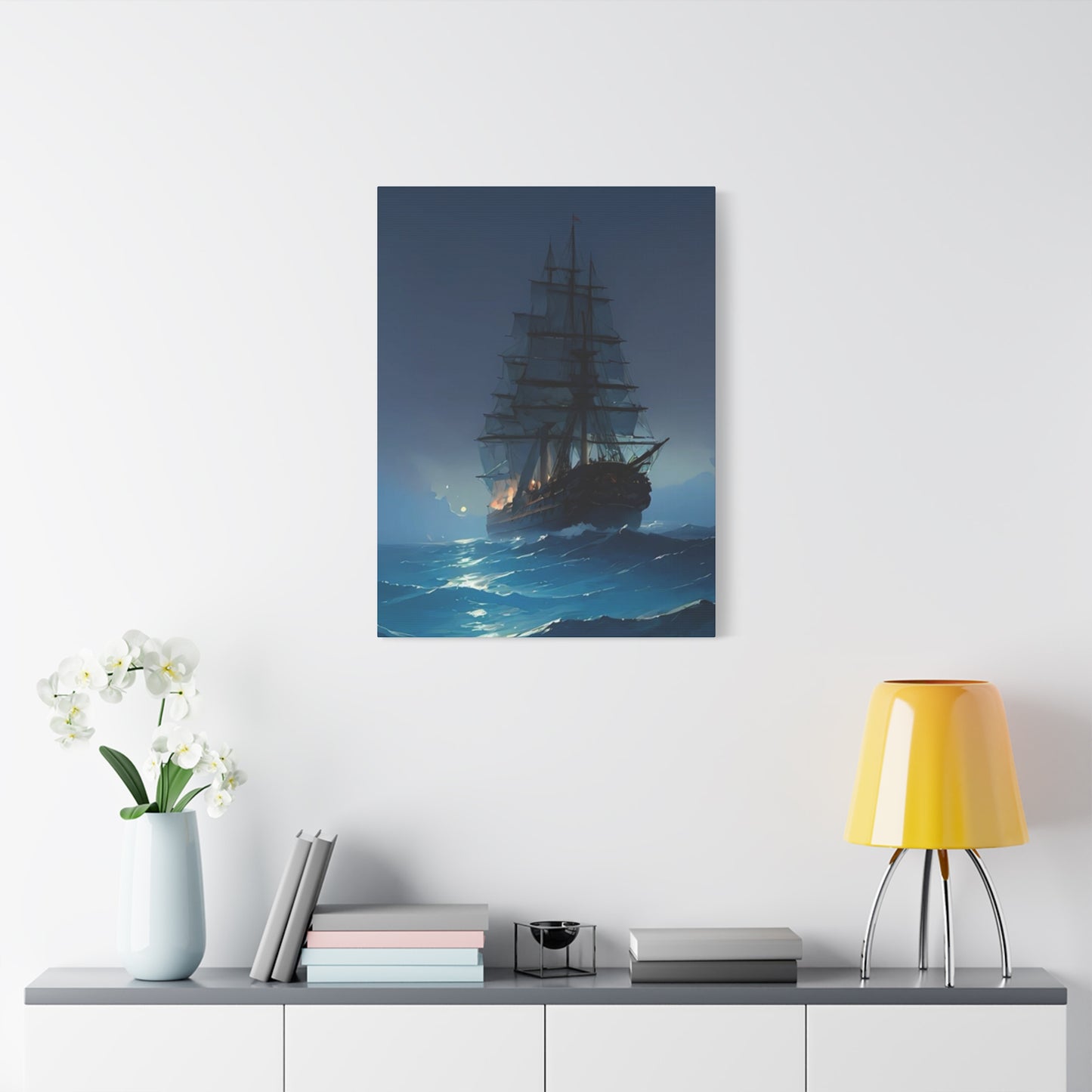 Black Sailing Ship At Night Wall Art & Canvas Prints