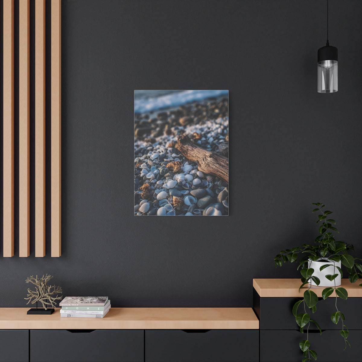Rocky Shoreline with Seashells and Driftwood Wall Art & Canvas Print