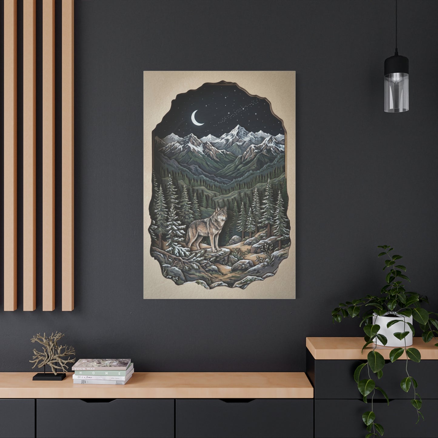 Night Forest Wolf Framed Relief Landscape Wall Art & Canvas Print