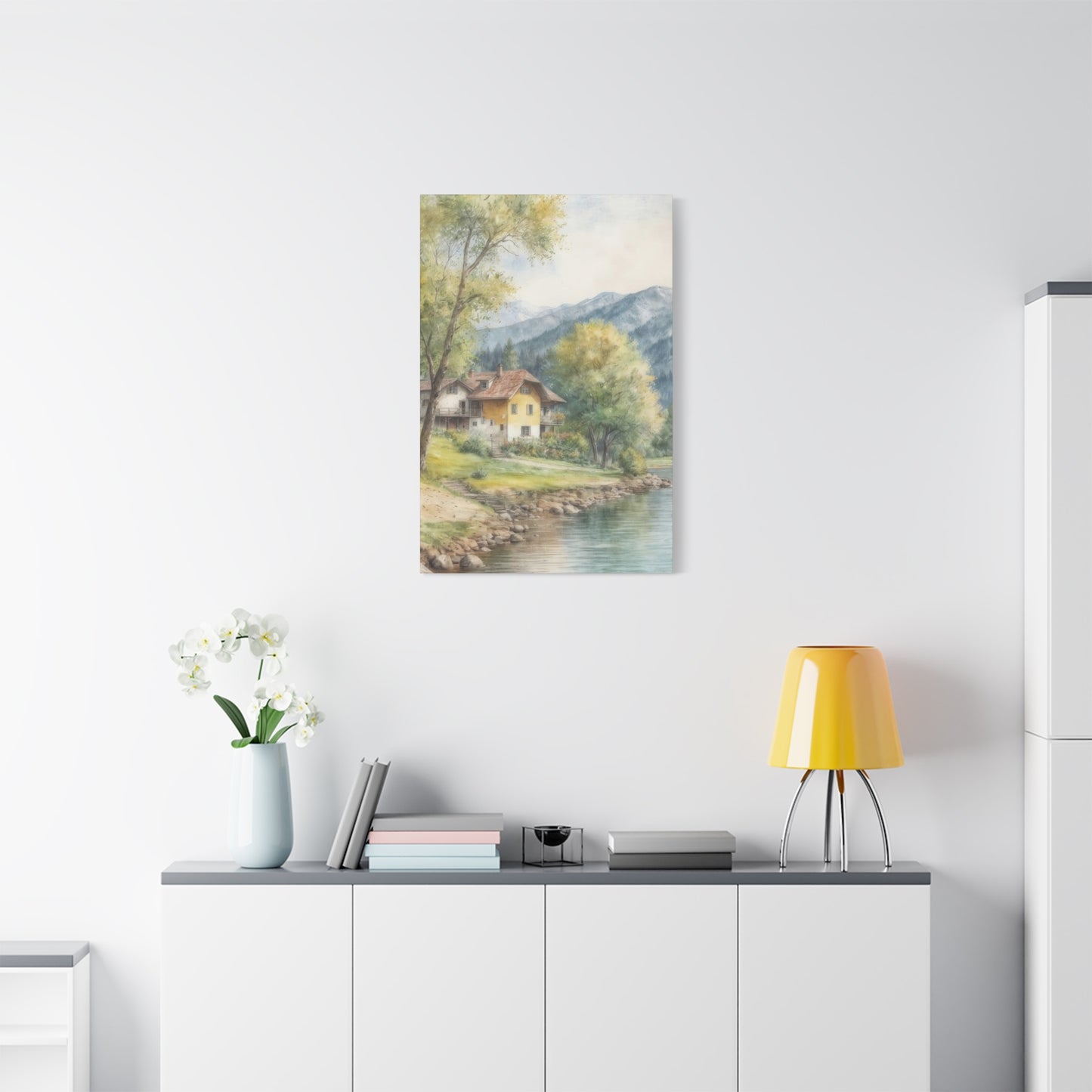 Houses By River Countryside Wall Art & Canvas Prints