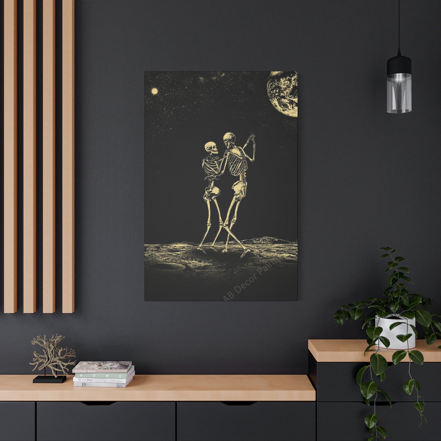 Dancing Skeleton On Moon Wall Art & Canvas Prints
