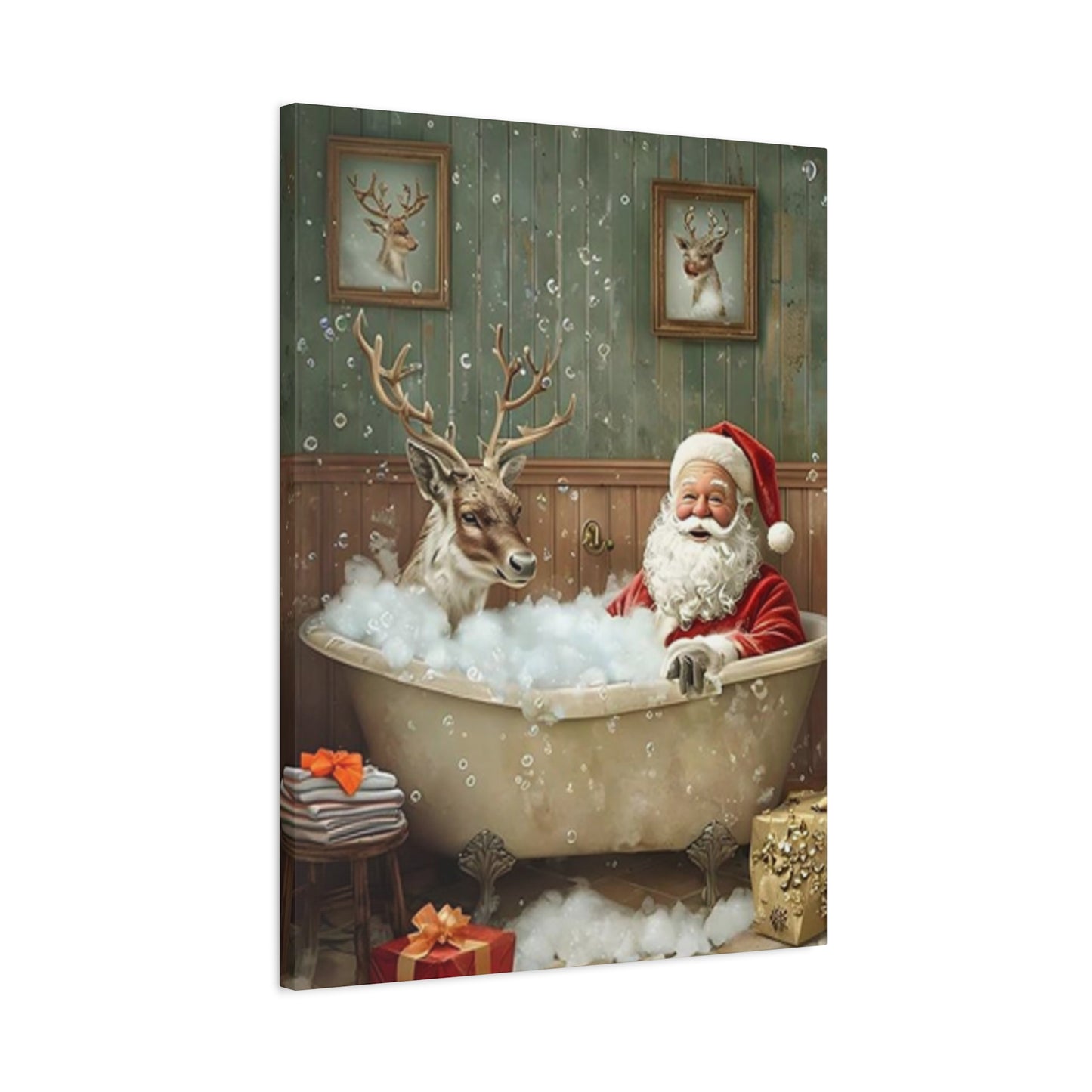 Santa Claus Bathing With Reindeer Painting Wall Art & Canvas Prints