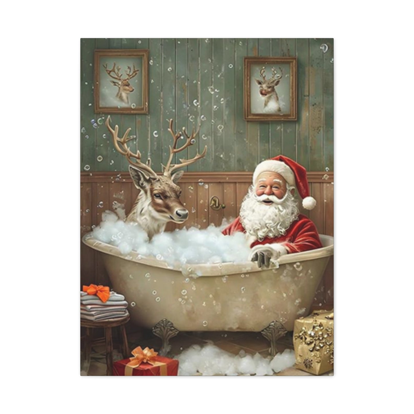 Santa Claus Bathing With Reindeer Painting Wall Art & Canvas Prints