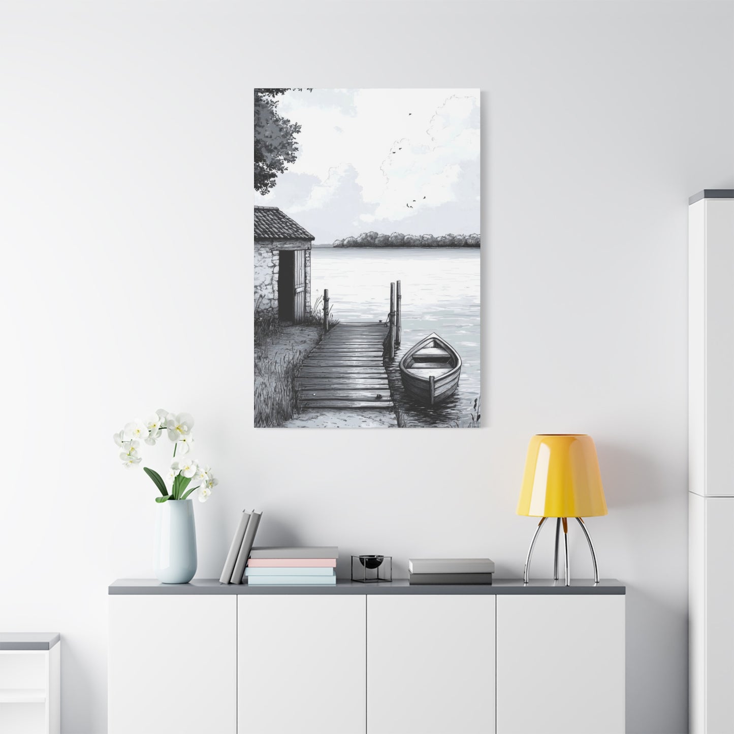 Cottage By Lake Grey Wall Art & Canvas Prints