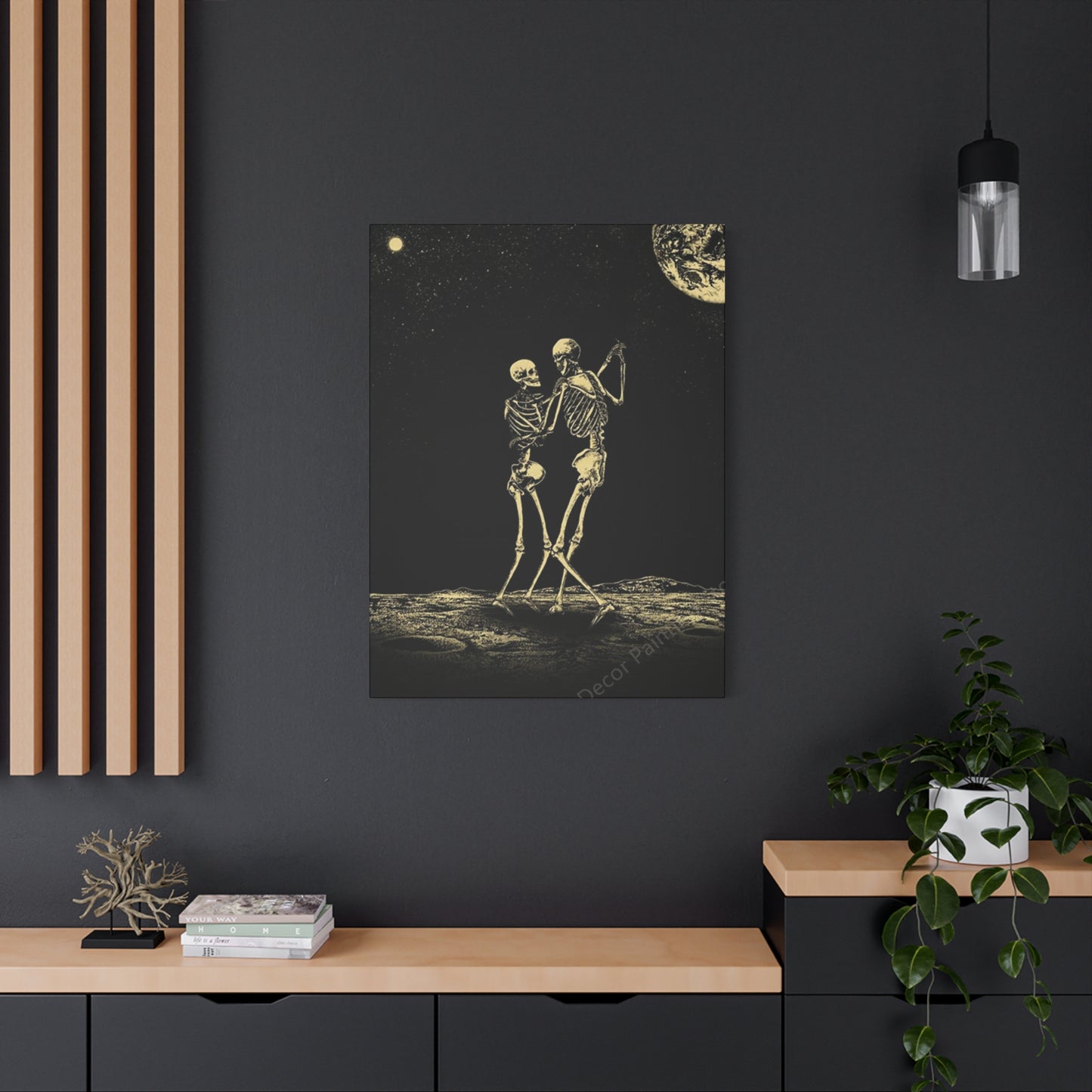Dancing Skeleton On Moon Wall Art & Canvas Prints