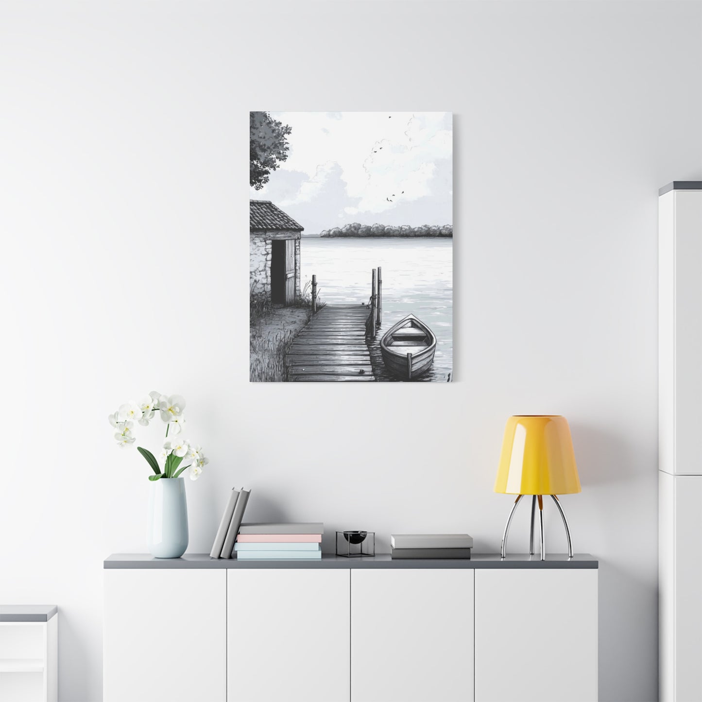 Cottage By Lake Grey Wall Art & Canvas Prints