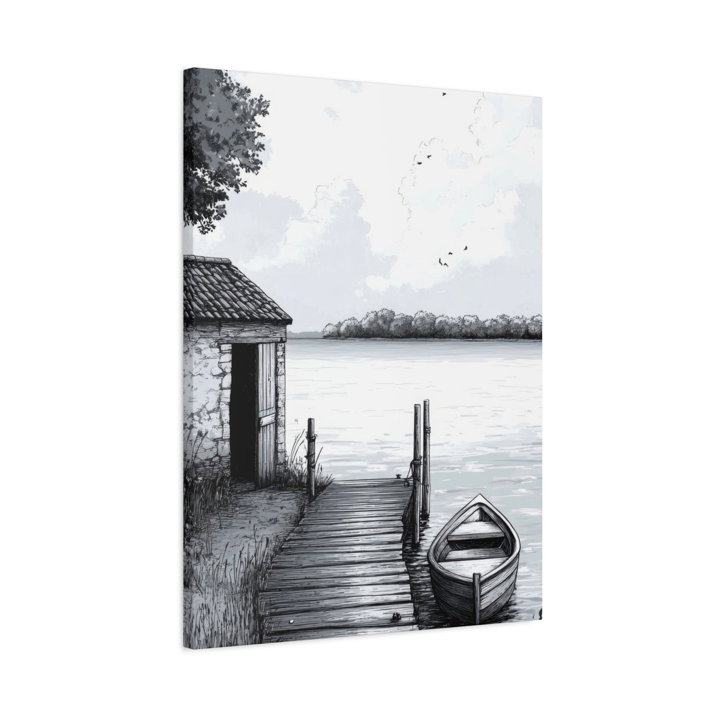 Cottage By Lake Grey Wall Art & Canvas Prints
