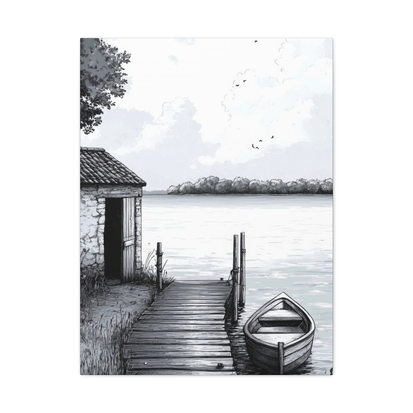 Cottage By Lake Grey Wall Art & Canvas Prints