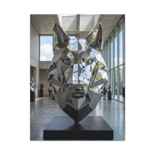 Geometric Chrome Wolf Head Sculpture Wall Art & Canvas Print