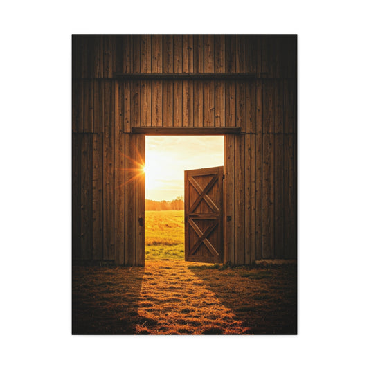 Open Barn Door at Sunrise Wall Art & Canvas Prints