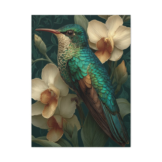 Emerald Hummingbird Botanical Portrait Wall Art & Canvas Print
