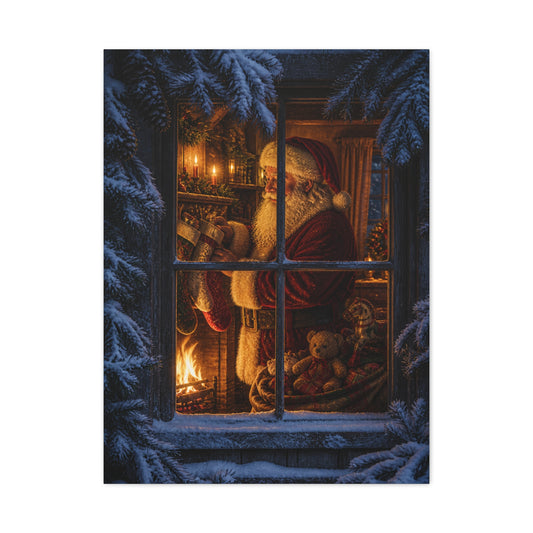 Snowy Cottage Window Santa Scene Wall Art & Canvas Print