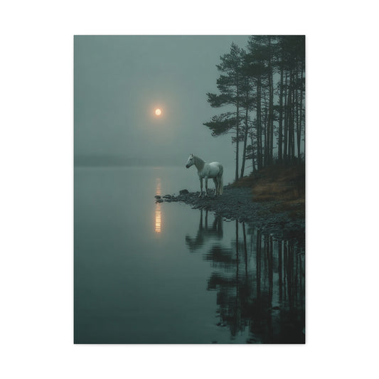 Gray Horse Moonlit Lake Wall Art & Canvas Print