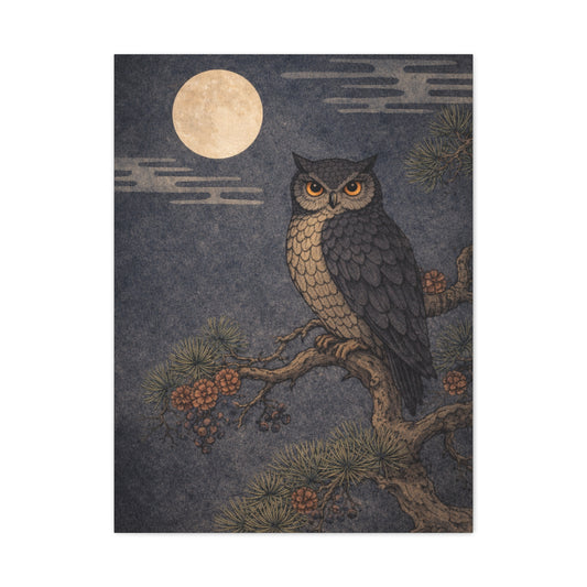 Nocturnal Pine Branch Owl Illustration Wall Art & Canvas Print