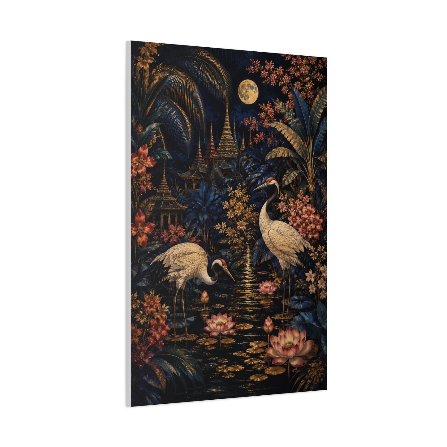 Moonlit Tropical Chinoiserie Crane Garden Tropical Wall Art & Canvas Print