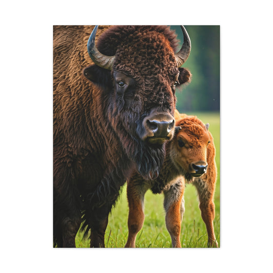 American Bison with Calf in Prairie Light Wall Art & Canvas Print