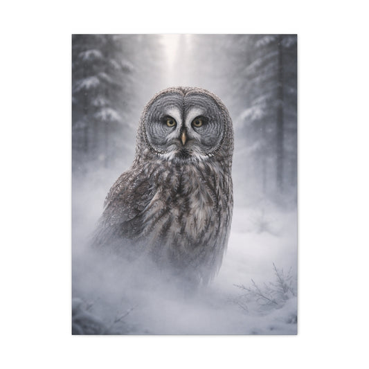 Great Grey Owl Winter Mist Portrait Wall Art & Canvas Print