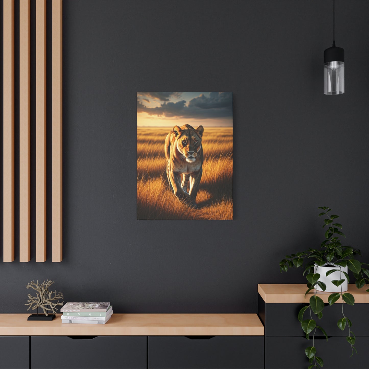 Majestic Lion Walking Through Savannah Grass Wall Art & Canvas Prints