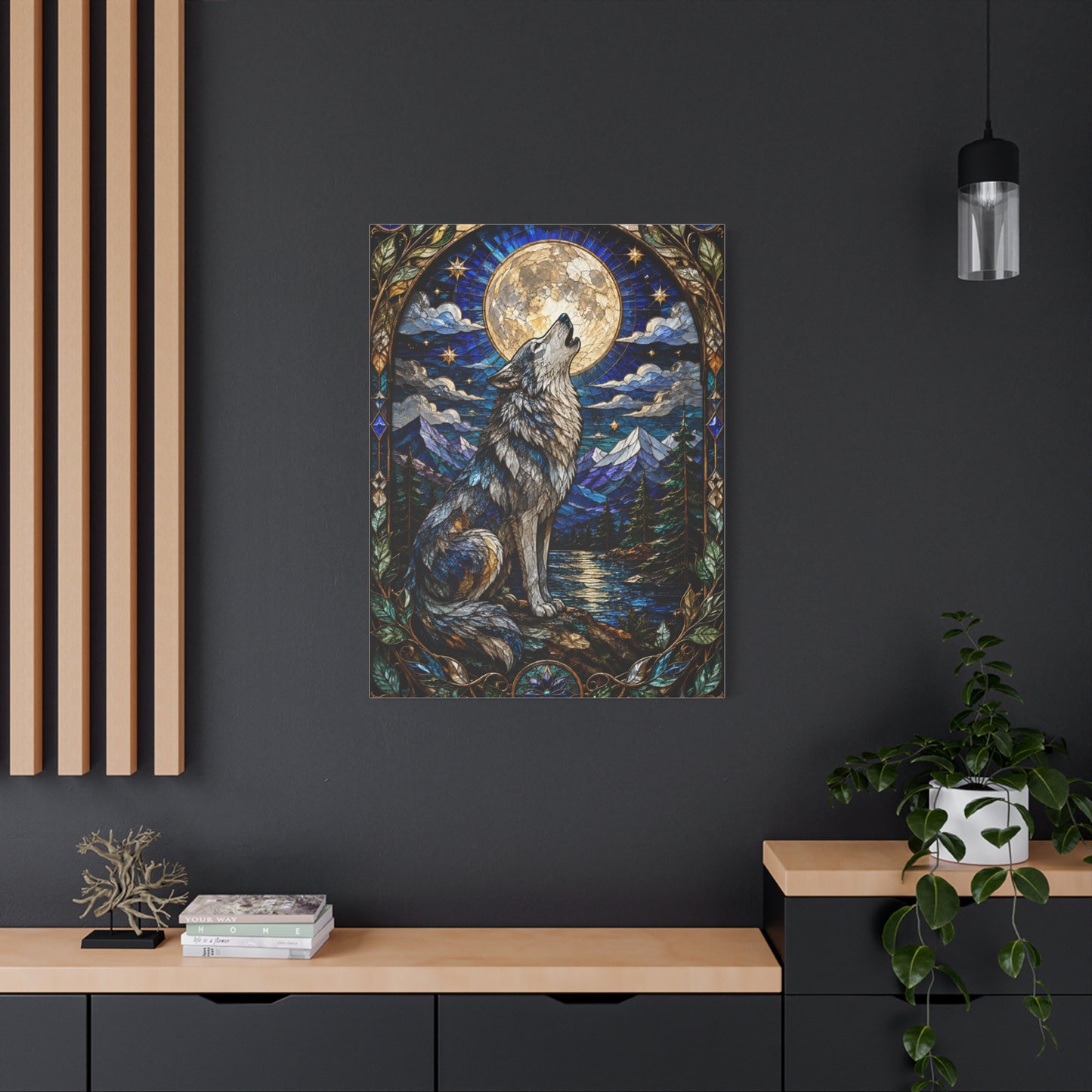 Stained Glass Moonlit Wolf Landscape Wall Art & Canvas Print