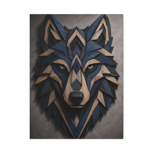 Layered Blue Geometric Wolf Head Sculpture Wall Art & Canvas Print
