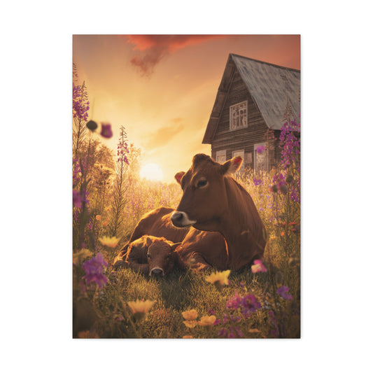 Sunset Farm Meadow Cow and Calf Wall Art & Canvas Print