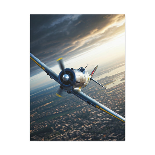 Vintage Fighter Dive Over the City Wall Art & Canvas Prints