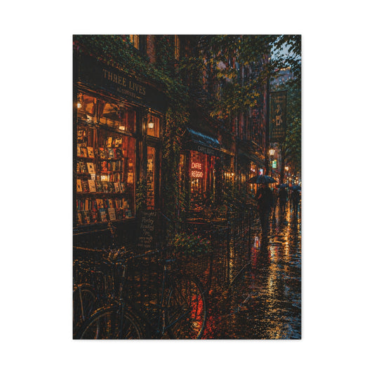 Greenwich Village Rainy Bookstore Scene Wall Art & Canvas Print
