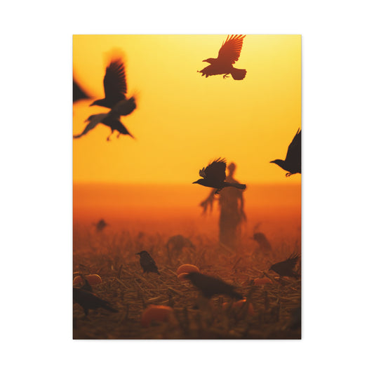 Crows Rising Over Pumpkin Field at Sunset Wall Art & Canvas Print
