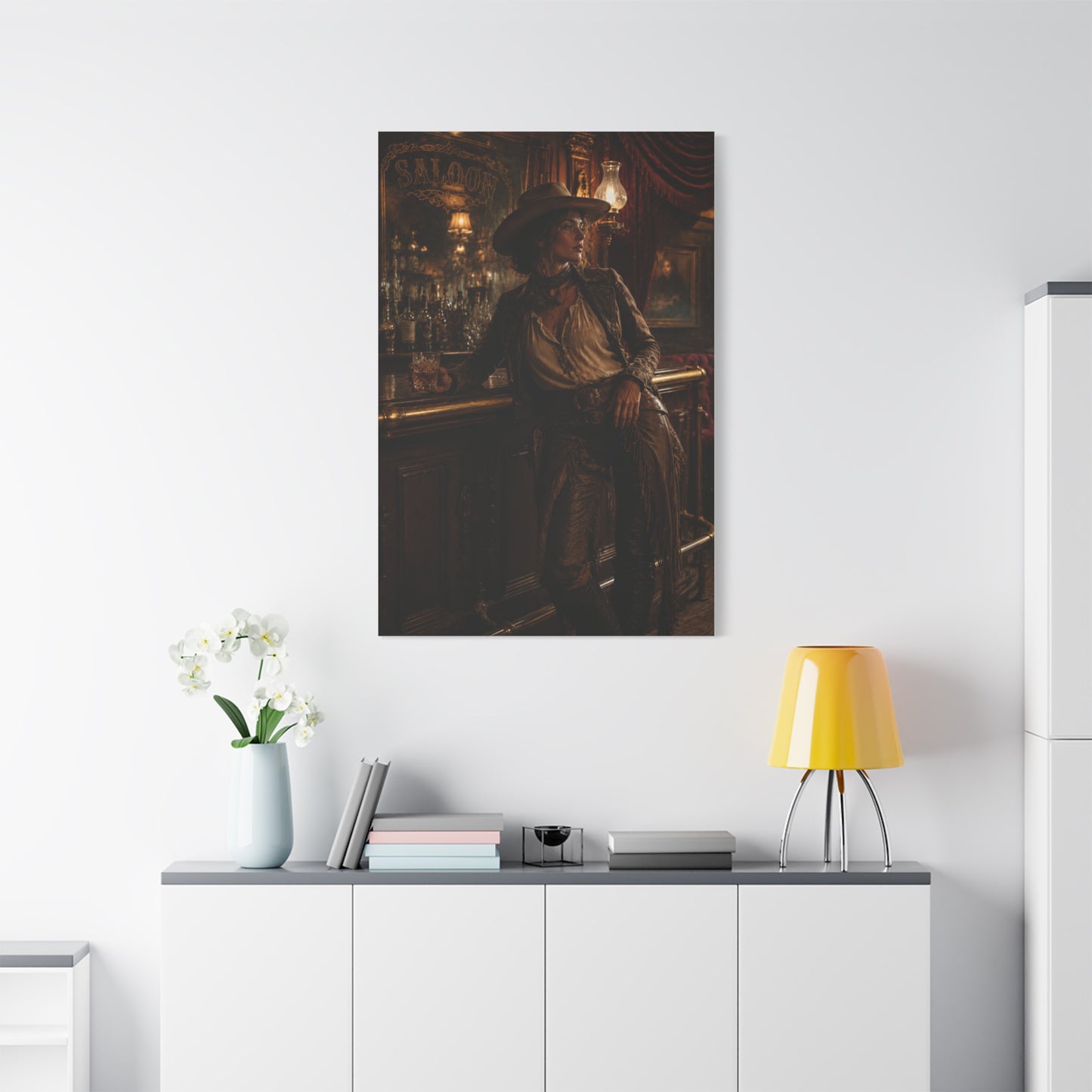 Saloon Cowgirl Cinematic Bar Scene Wall Art & Canvas Print