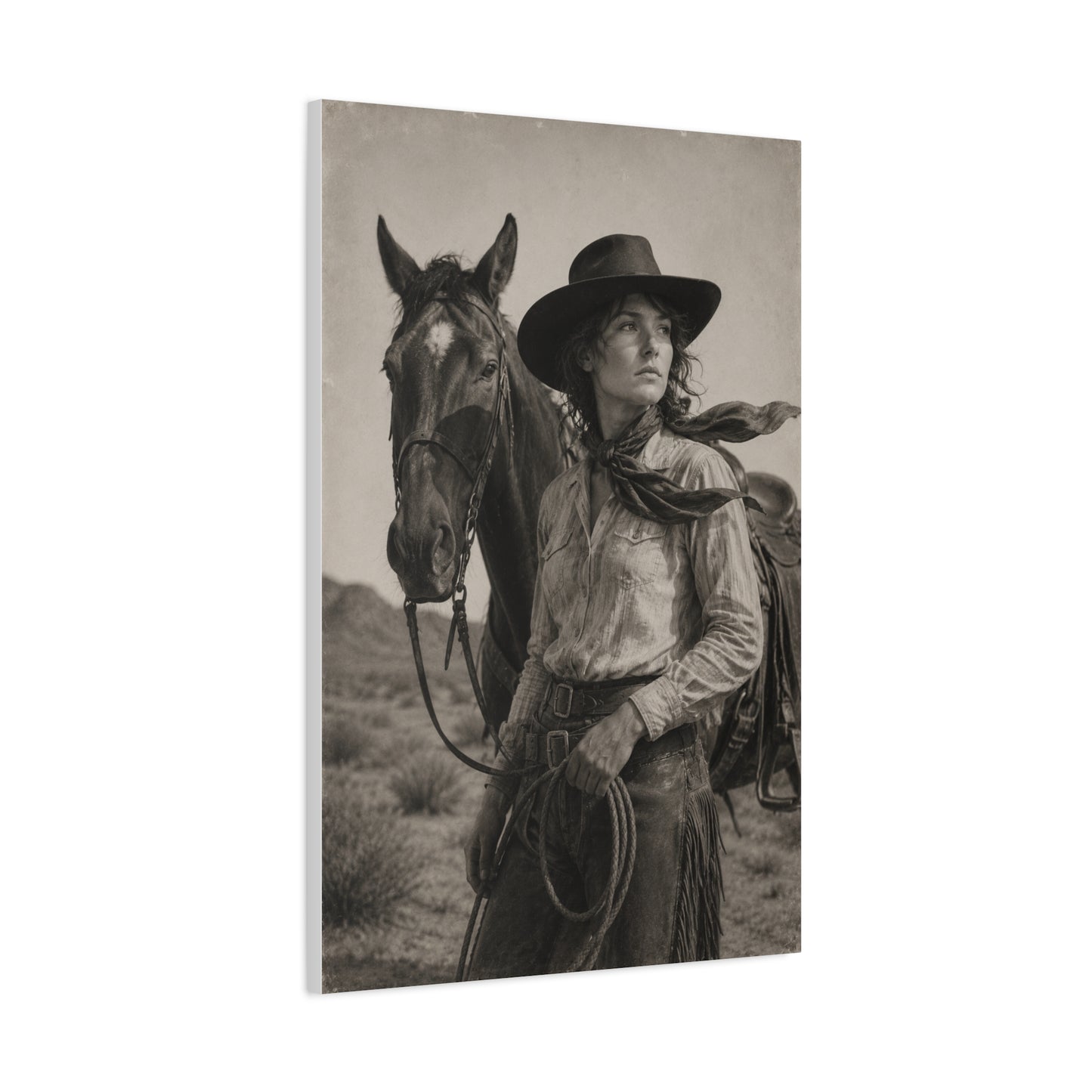 Black & White Cowgirl Portrait with Horse Wall Art & Canvas Print