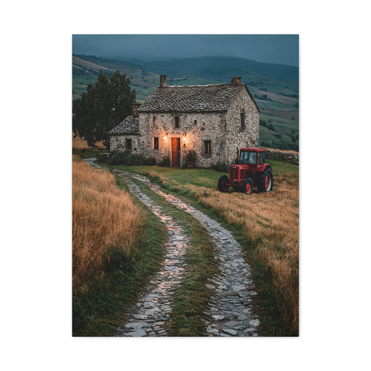 Stone Farmhouse with Red Tractor Landscape Wall Art & Canvas Print