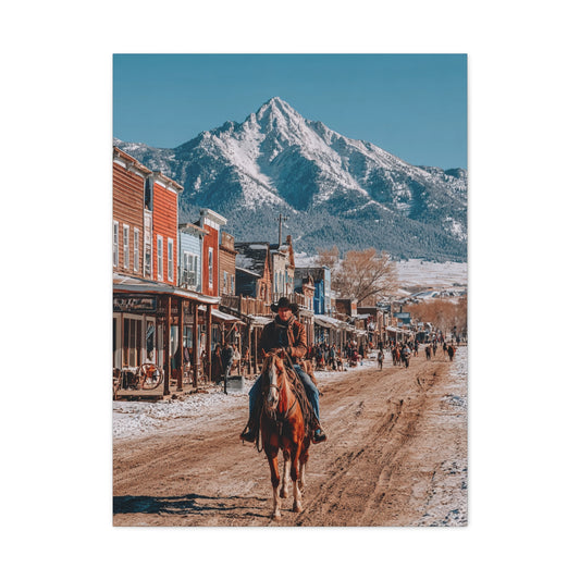 Cowboy Riding Through a Frontier Mountain Town Wall Art & Canvas Print