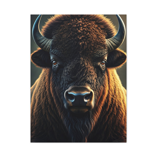 Cinematic Frontal Bison Portrait with Golden Backlight Wall Art & Canvas Print