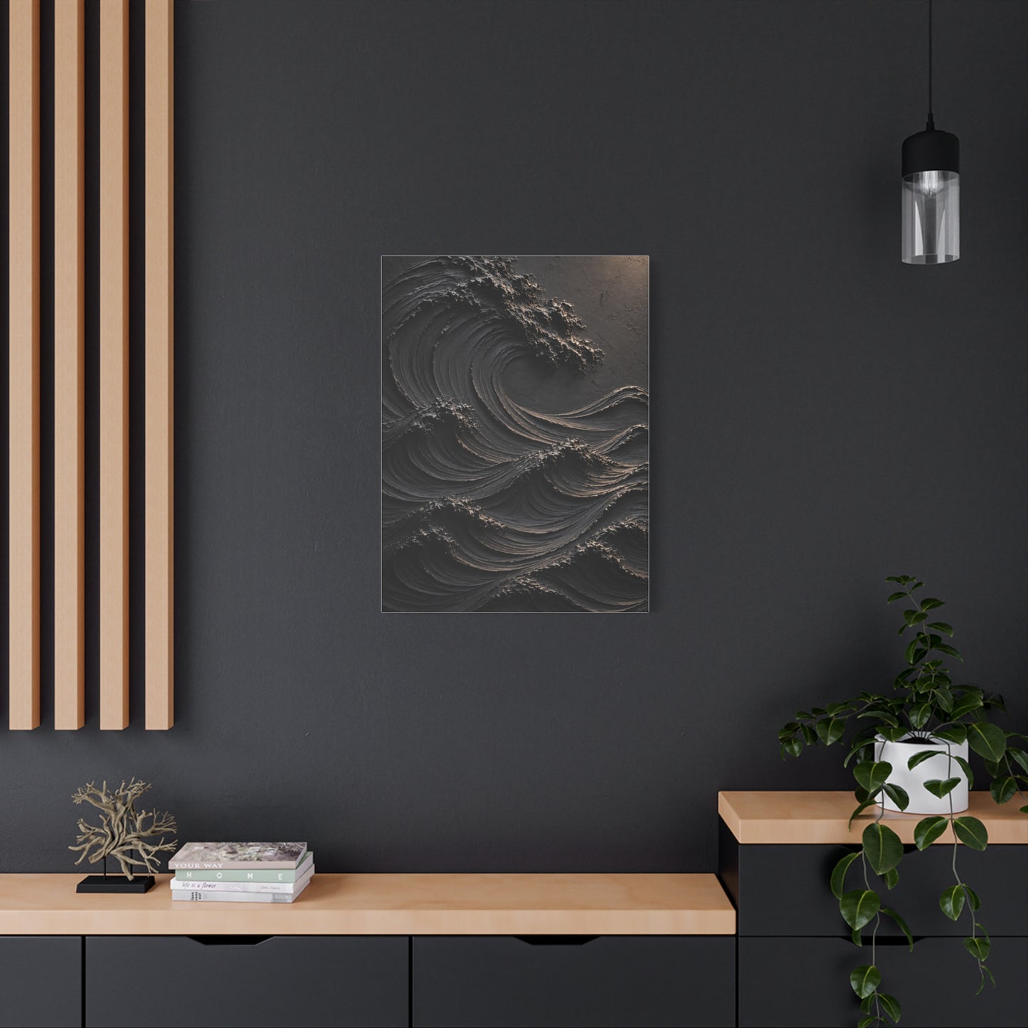 Matte Black Sculptural Ocean Motion Wall Art & Canvas Print