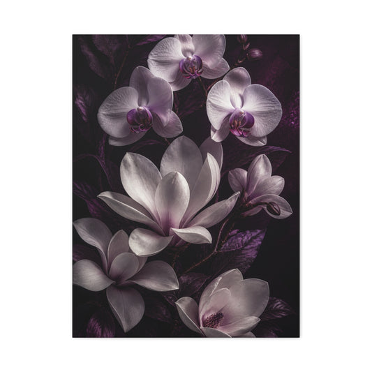 White Orchid and Magnolia Night Floral Wall Art & Canvas Print
