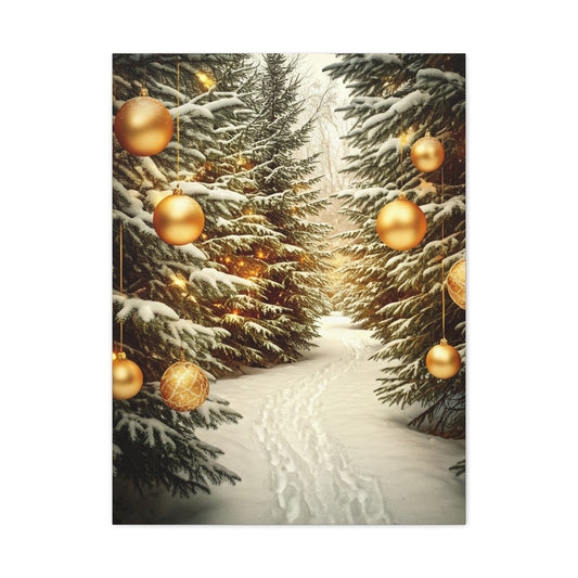 Snowy Pine Path With Golden Christmas Ornaments Wall Art & Canvas Print