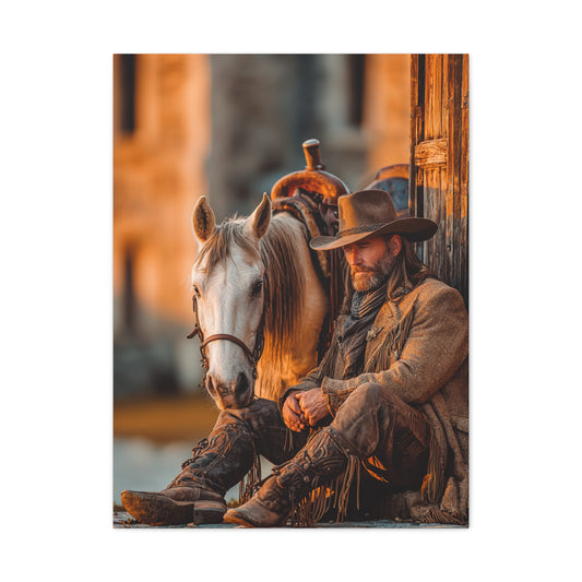 Cowboy Resting Beside His Horse Wall Art & Canvas Print