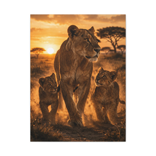 Lioness with Cubs Golden Path Wall Art & Canvas Print