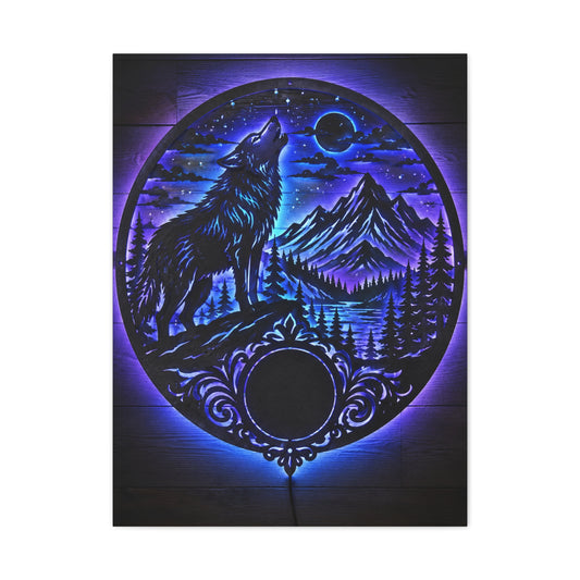 LED Mountain Wolf Night Circle Scene Wall Art & Canvas Print