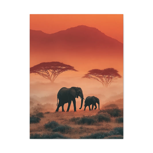 Mother and Calf Savanna Sunrise Wall Art & Canvas Print
