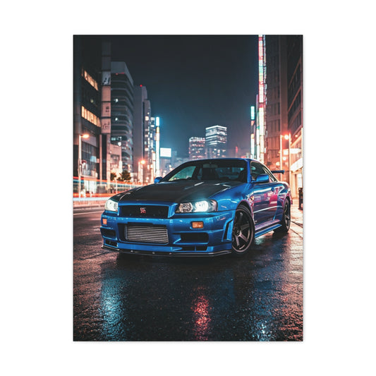 Nissan Skyline GT-R R34 City Rain Reflections Wall Art & Canvas Prints