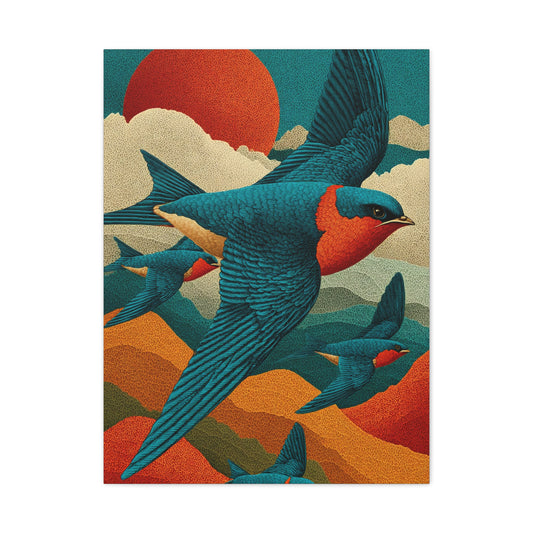 Stylized Swallow Flight Landscape Wall Art & Canvas Print