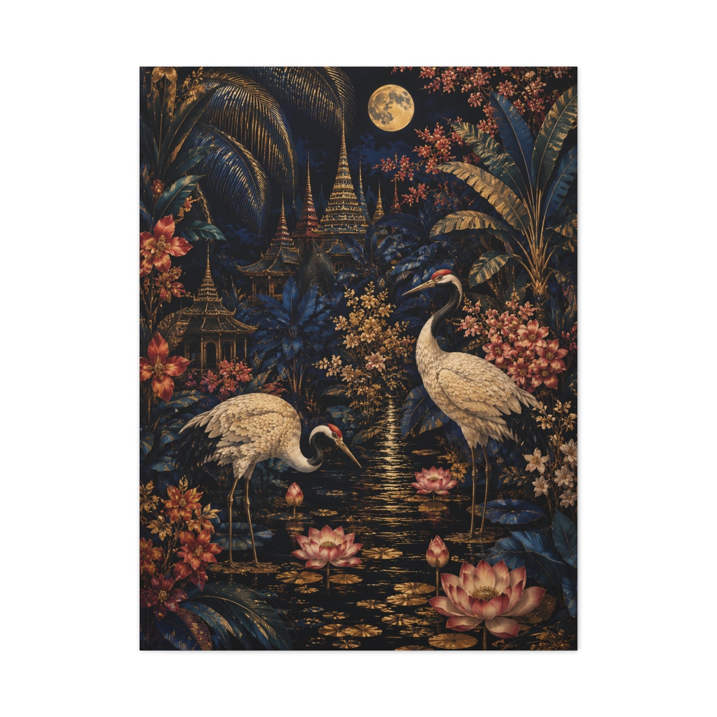 Moonlit Tropical Chinoiserie Crane Garden Tropical Wall Art & Canvas Print